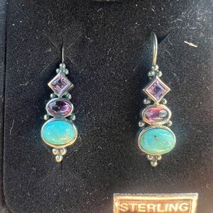 Sterling silver drop earrings with turquoise and amethyst